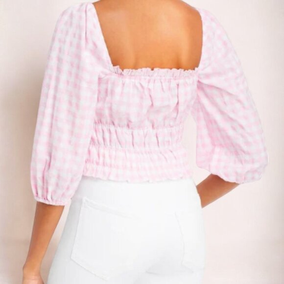 NWT CHARLIE HOLIDAY BOHEME OFF THE SHOULDER CHECKERED PEASANT TOP - Picture 3 of 3